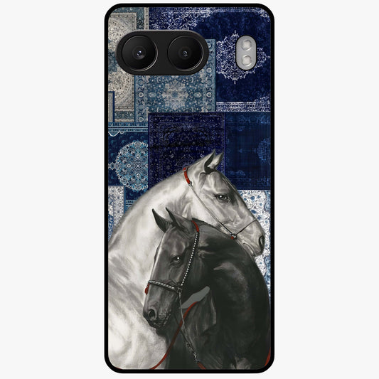 Midnight Stallion Blues Glass Case for 1+Nord 4 powerful front view featuring horse artwork in deep blue night tones