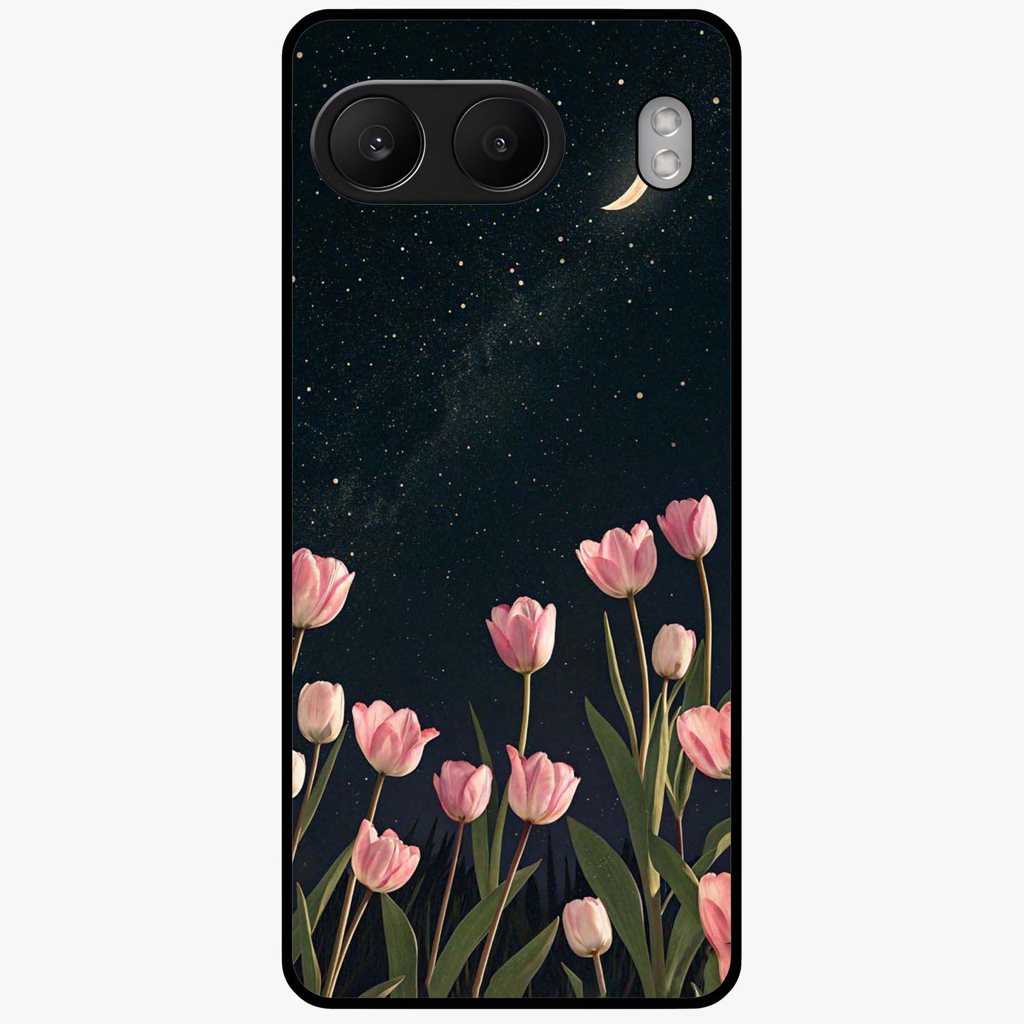 Midnight Tulip Whispers Vibe Glass Case for 1+Nord 4 elegant front view featuring tulip floral artwork on dark background