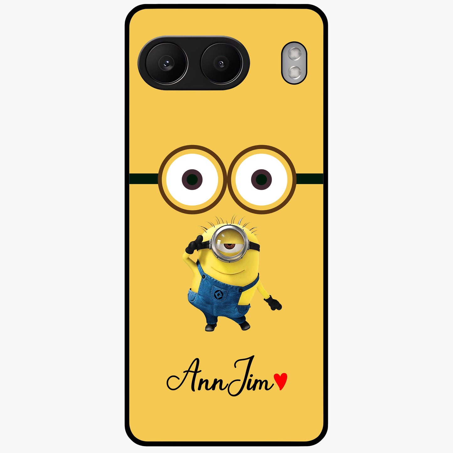 Minion Custom Name Glass Case for 1+Nord 4 playful front view featuring cartoon inspired artwork with personalized name design