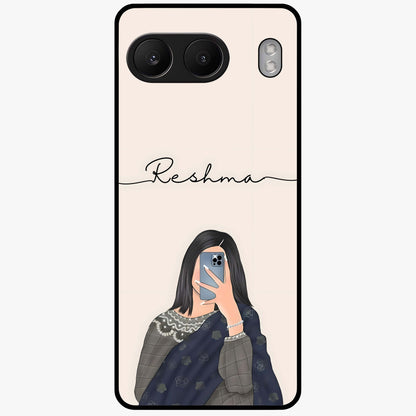 Mirror Mood Muse With Custom Name Glass Case for 1+Nord 4 stylish front view featuring aesthetic artwork with personalized name detail