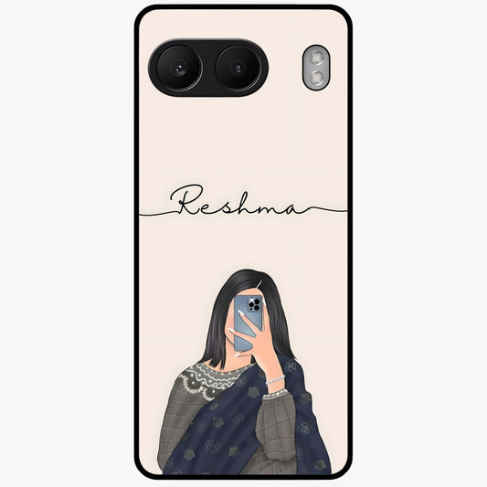 Mirror Mood Muse With Custom Name Glass Case for 1+Nord 4 stylish front view featuring aesthetic artwork with personalized name detail