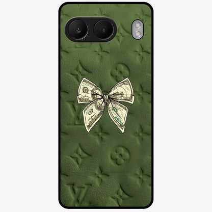 Money Bow Lv Glass Case for 1+Nord 4 luxury inspired front view featuring bold fashion themed artwork