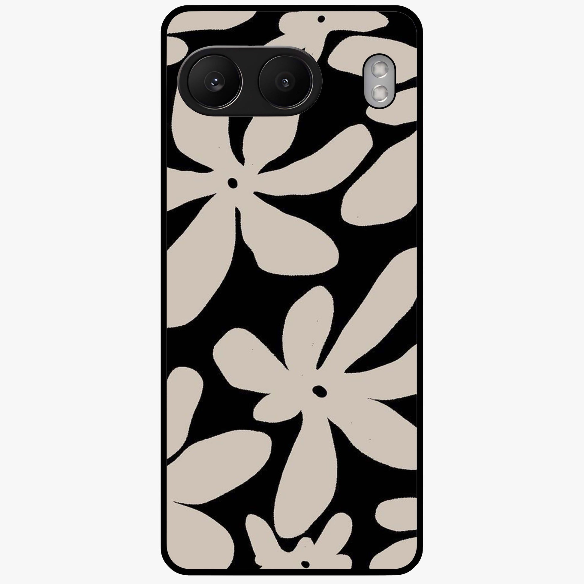 Monochrome Petal Dance Glass Case for 1+Nord 4 artistic front view featuring black and white floral artwork