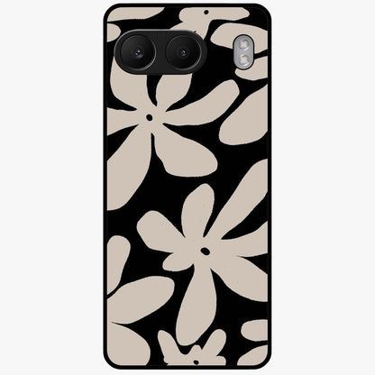 Monochrome Petal Dance Glass Case for 1+Nord 4 artistic front view featuring black and white floral artwork