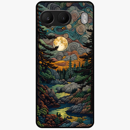 Moonlight Forest Dream Glass Case for 1+Nord 4 dreamy front view featuring forest artwork under glowing moonlight