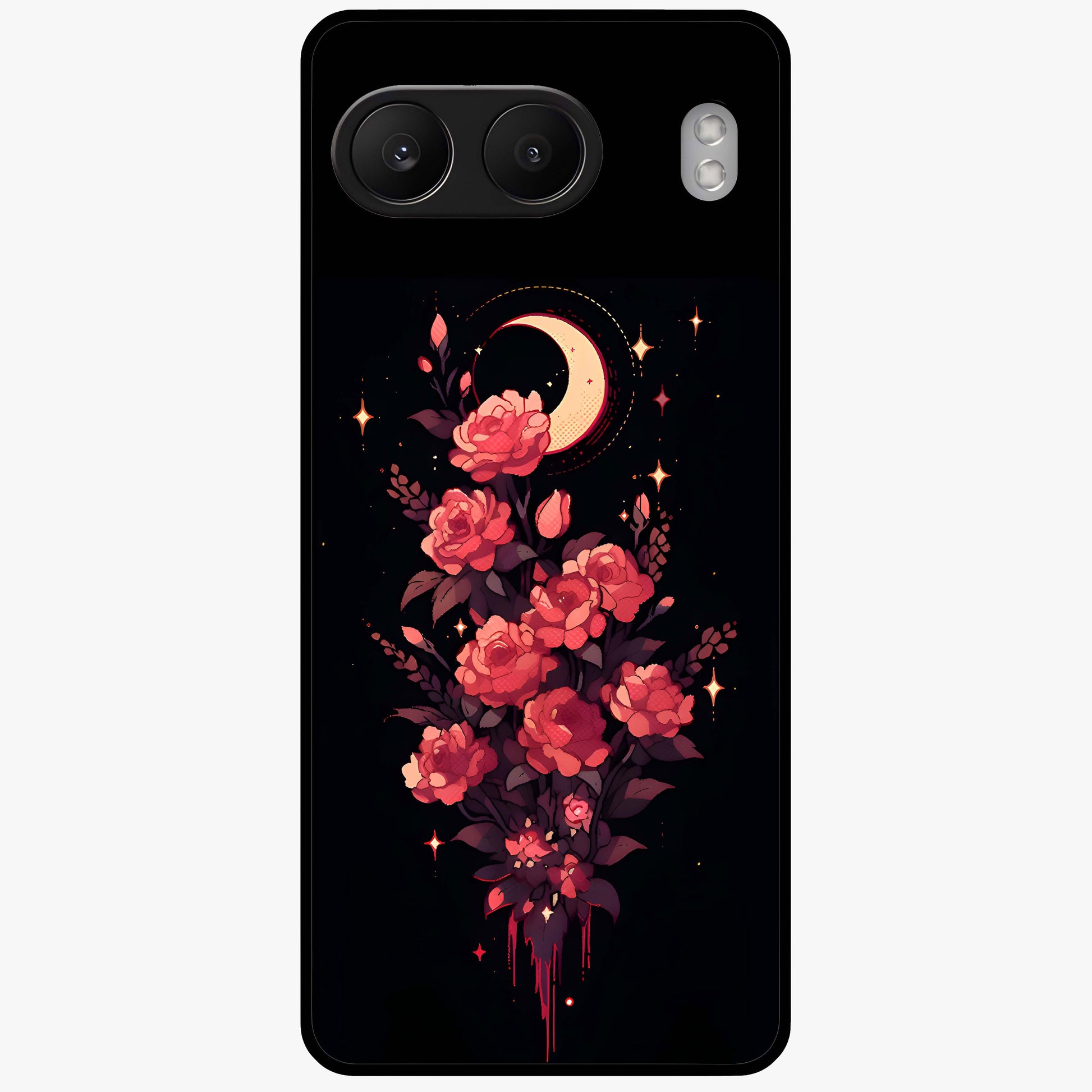 Moonlit Floral Elegance Glass Case for 1+Nord 4 graceful front view featuring sophisticated floral artwork on dark backdrop