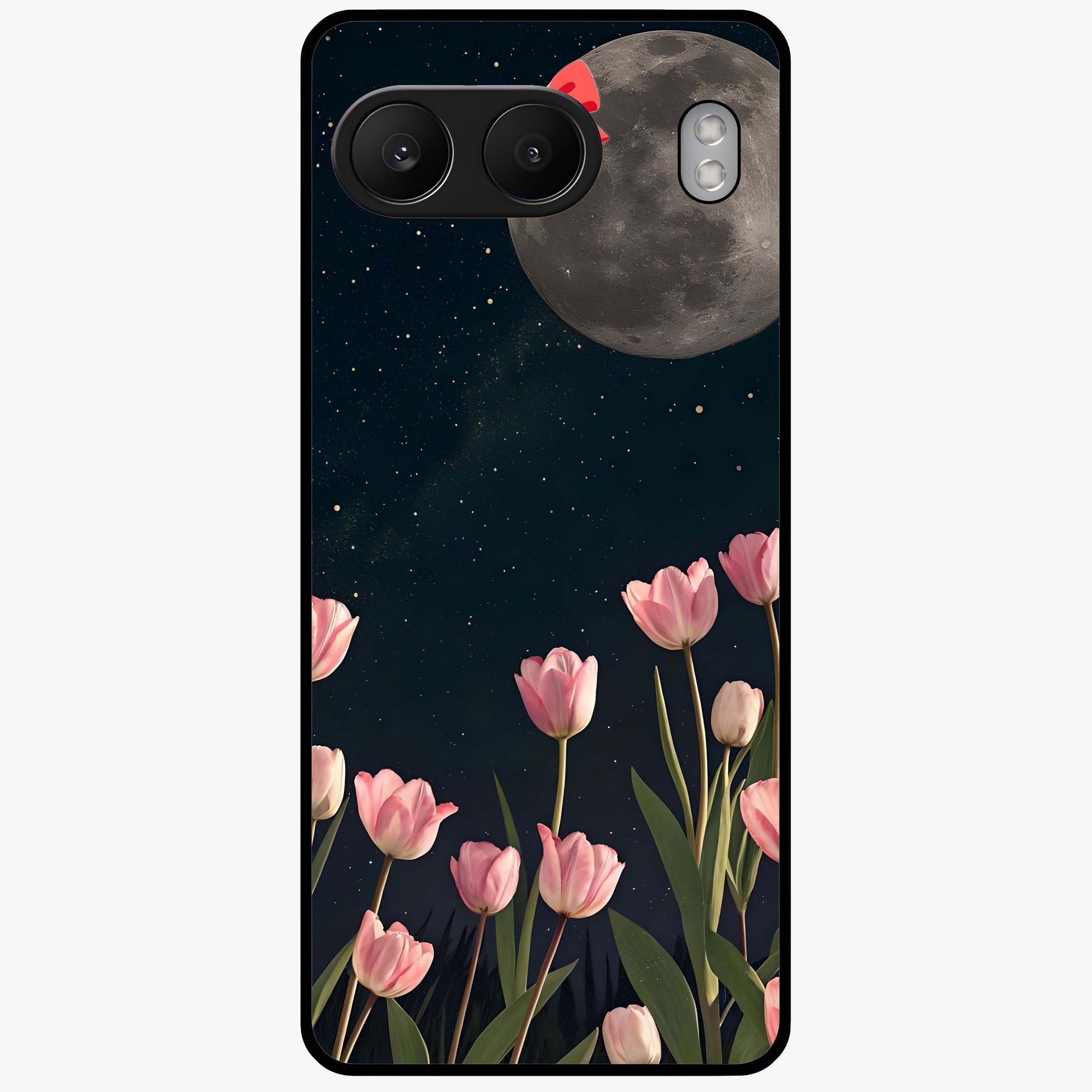 Moonlit Night Tulip Glass Case for 1+Nord 4 serene front view featuring tulip floral artwork in midnight tones