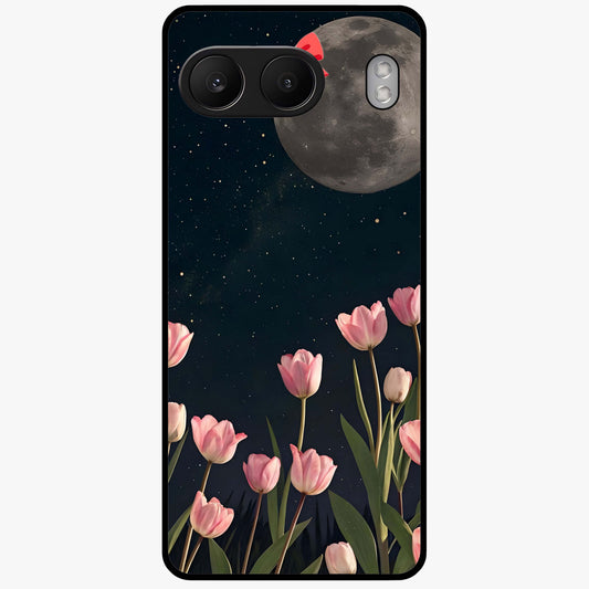 Moonlit Night Tulip Glass Case for 1+Nord 4 serene front view featuring tulip floral artwork in midnight tones