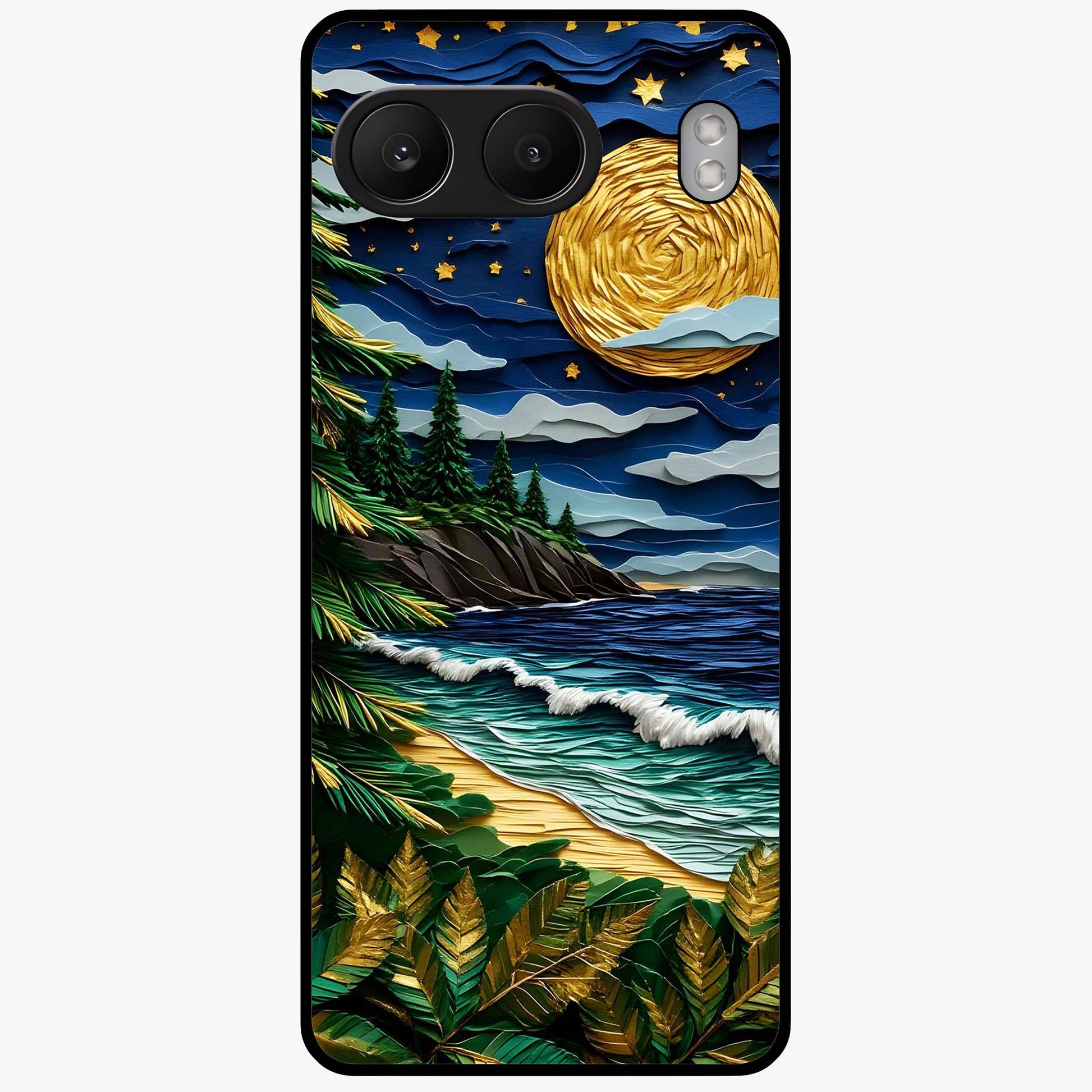 Moonlit Ocean Pines Glass Case for 1+Nord 4 scenic front view featuring pine trees by ocean under moonlit sky