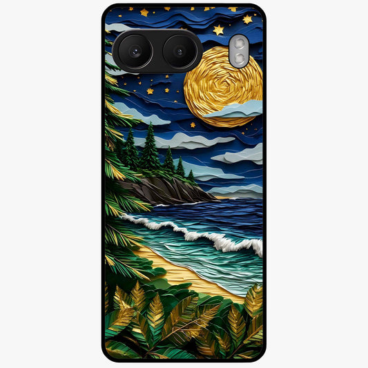 Moonlit Ocean Pines Glass Case for 1+Nord 4 scenic front view featuring pine trees by ocean under moonlit sky