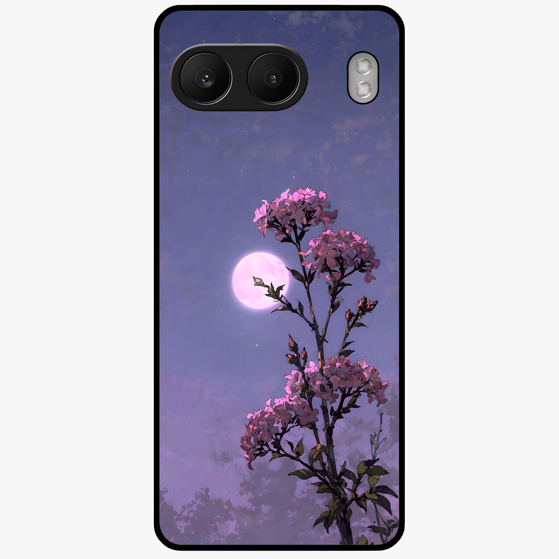 Moonlit Petal Night Glass Case for 1+Nord 4 elegant front view featuring floral artwork glowing in night tones