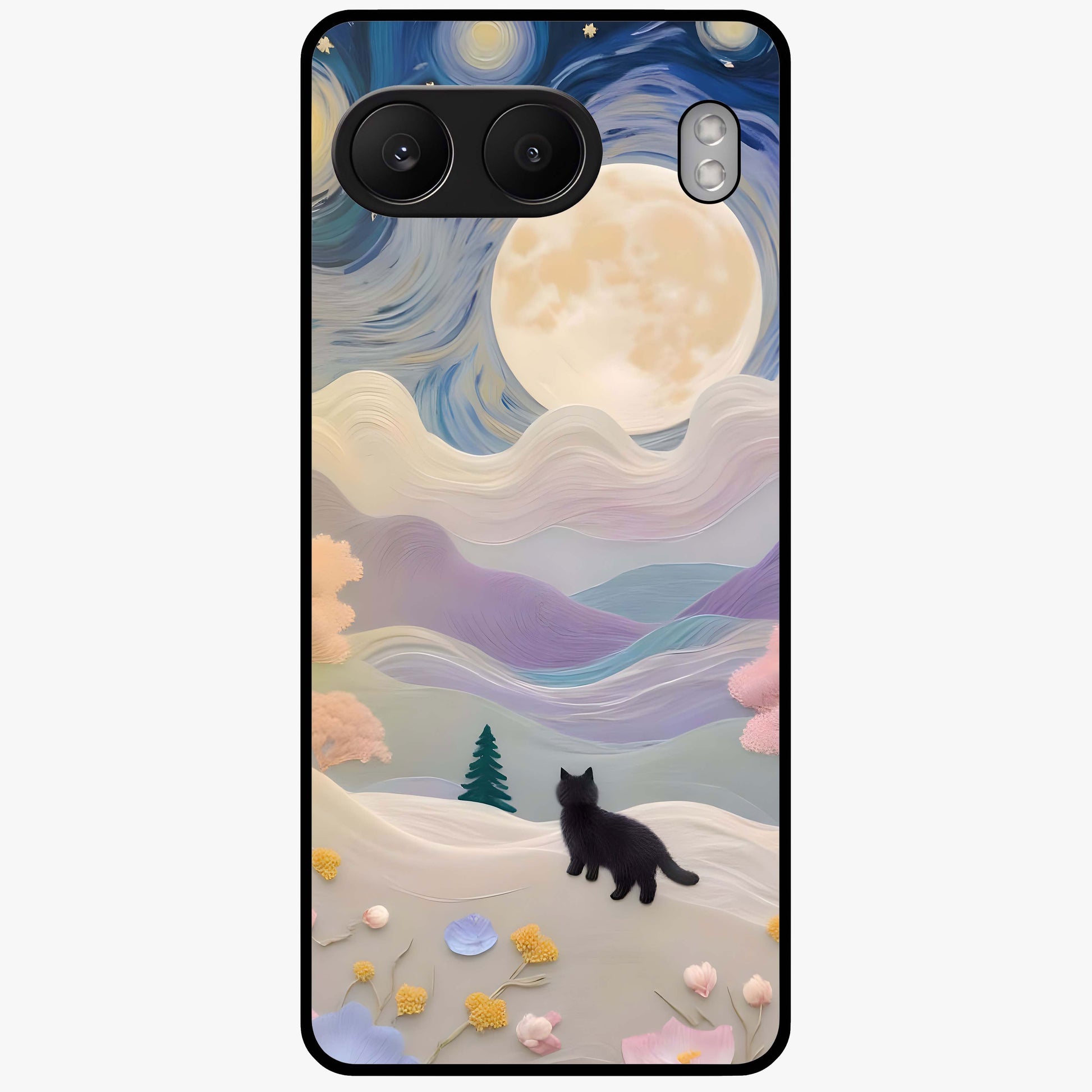 Moonlit Petal Path Glass Case for 1+Nord 4 artistic front view featuring floral pathway artwork under soft moonlight