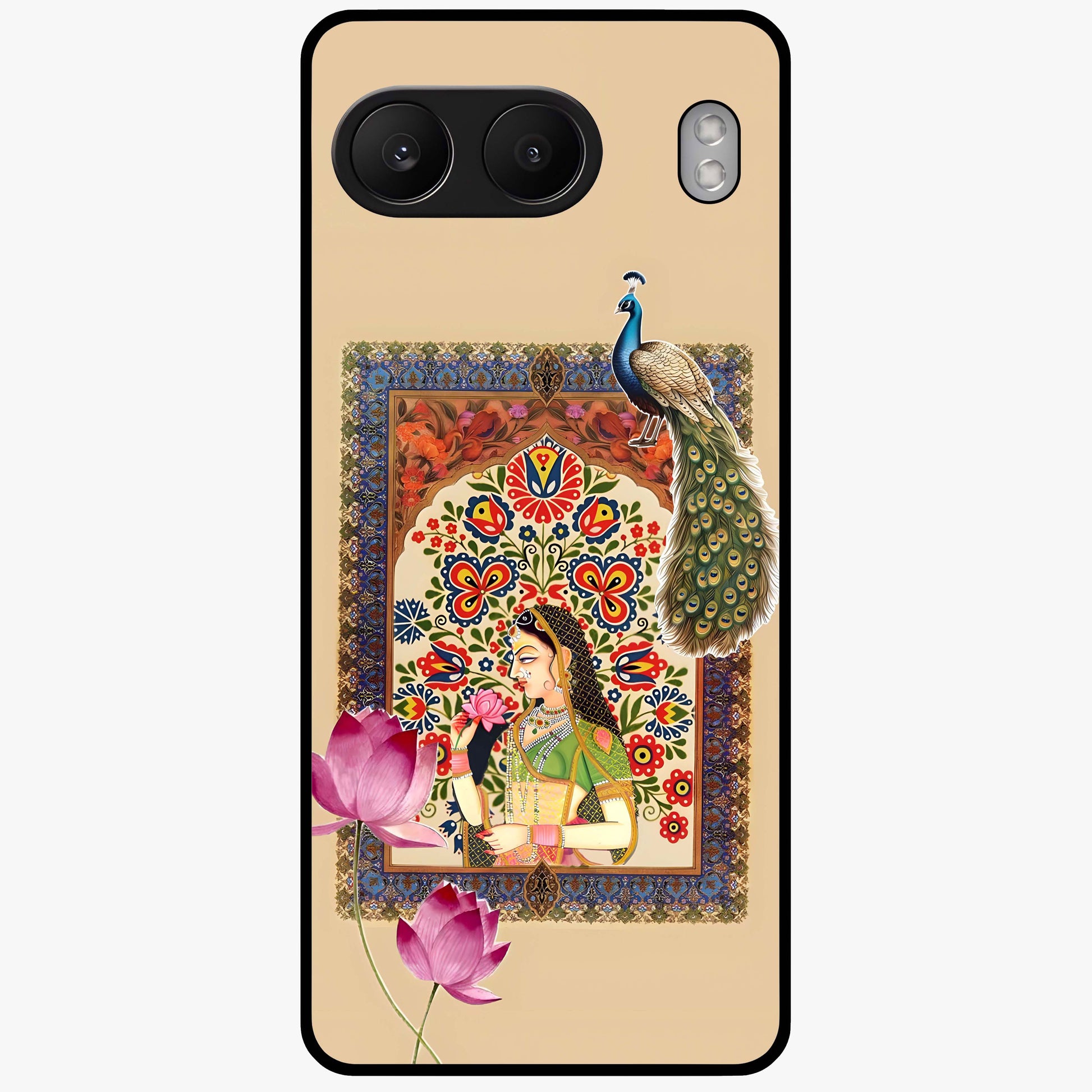 Mughal Princess and Peacock Glass Case for 1+Nord 4 royal front view featuring intricate princess and peacock artwork