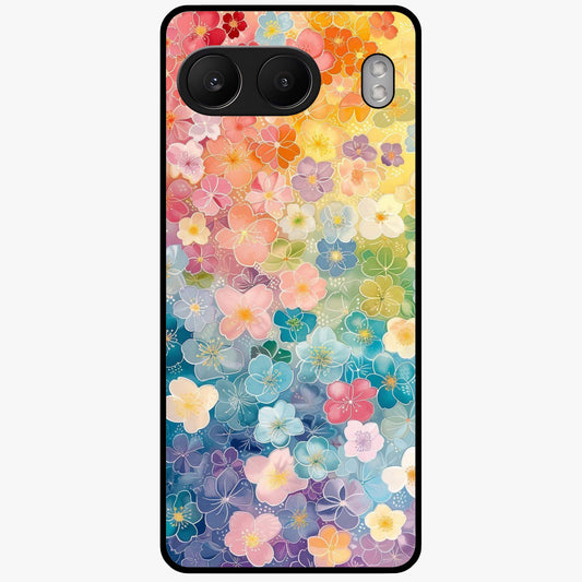 Multiple Background With Flower Glass Case for 1+Nord 4 vibrant front view featuring layered floral artwork on mixed backgrounds