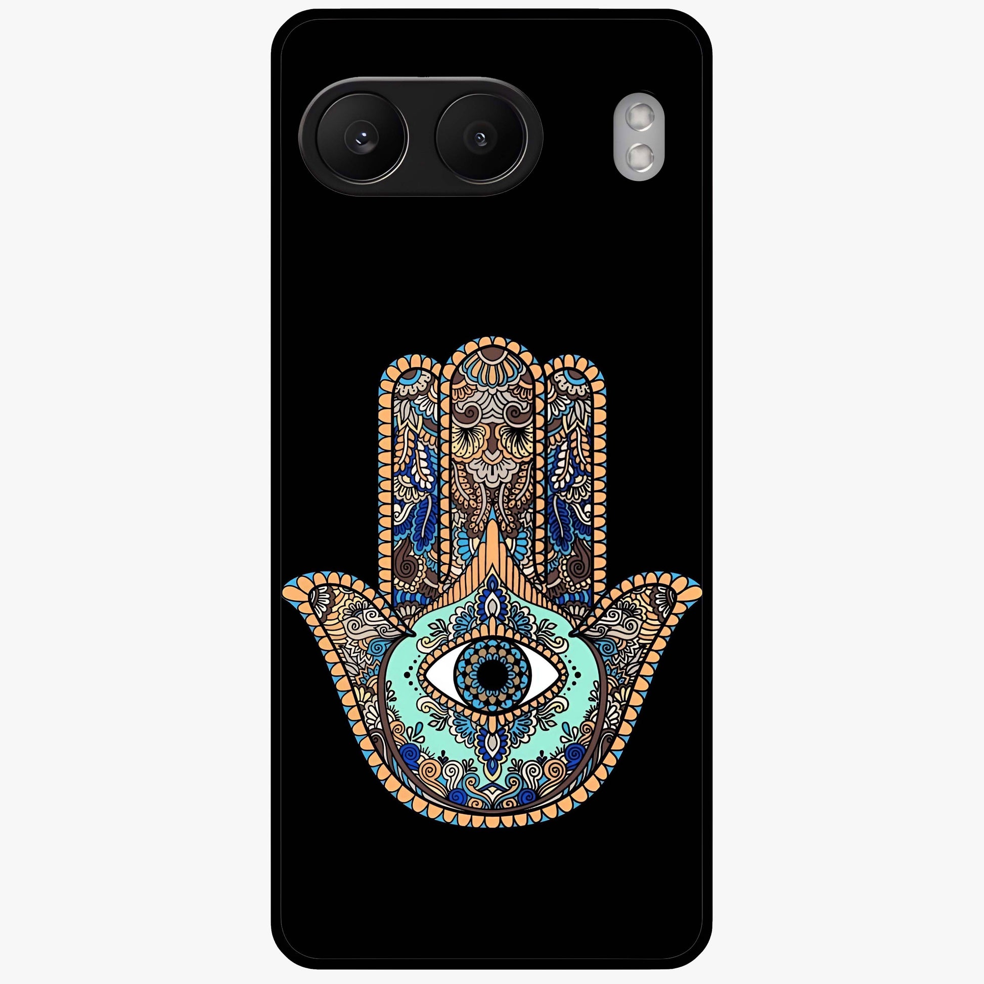 Mystic Hamsa Eye Glass Case for 1+Nord 4 symbolic front view featuring traditional hamsa eye artwork