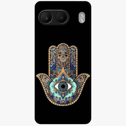Mystic Hamsa Eye Glass Case for 1+Nord 4 symbolic front view featuring traditional hamsa eye artwork