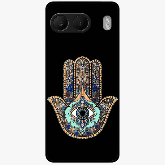 Mystic Hamsa Eye Glass Case for 1+Nord 4 symbolic front view featuring traditional hamsa eye artwork