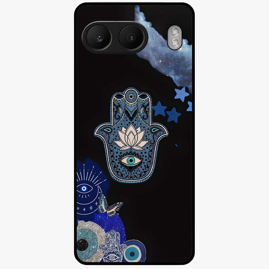 Mystic Hand Aura Glass Case for 1+Nord 4 artistic front view featuring hand symbol artwork with glowing aura tones