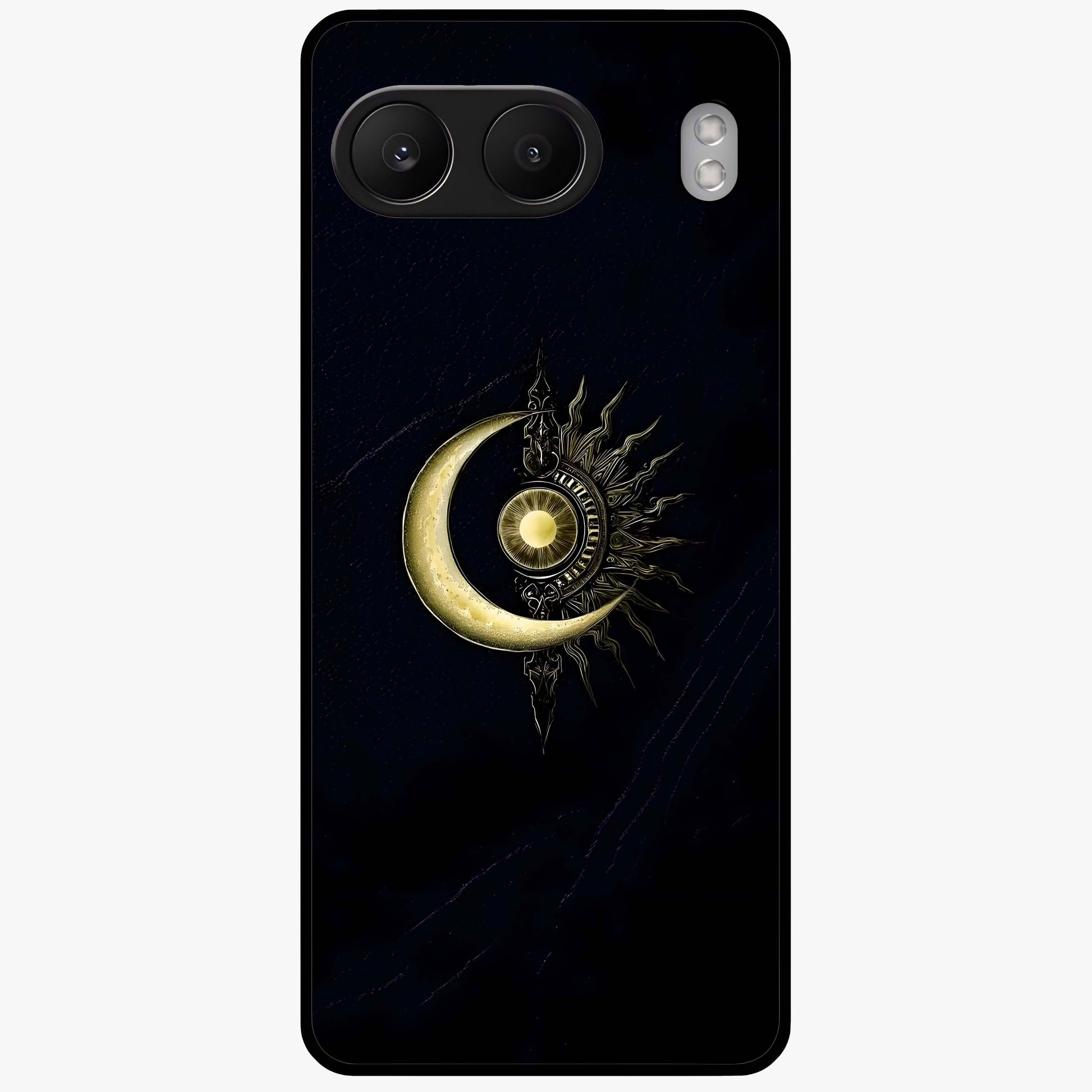 Mystic Lunar Flame Glass Case for 1+Nord 4 striking front view featuring moon and flame inspired artwork