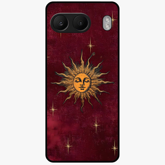 Mystic Solar Glow Glass Case for 1+Nord 4 radiant front view featuring glowing sun inspired mystical artwork