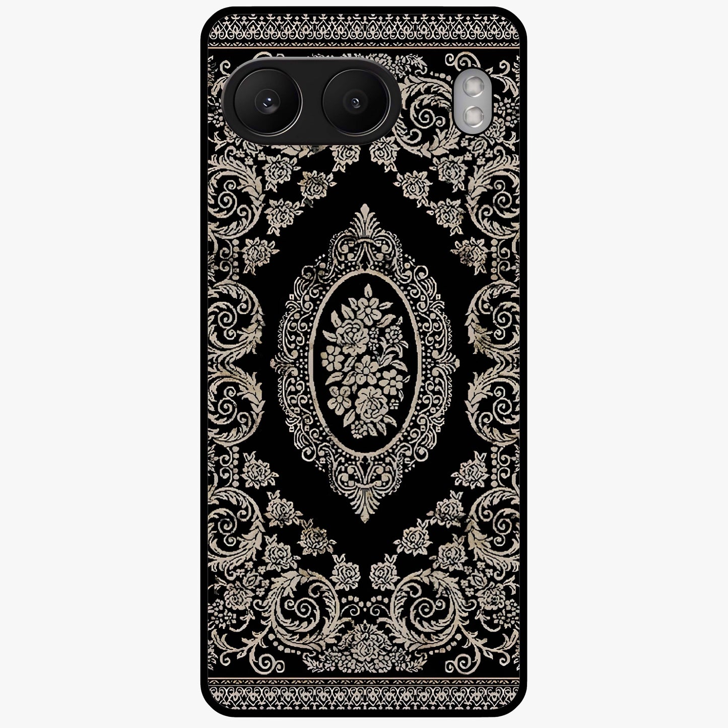 Noir Bloom Elegance Glass Case for 1+Nord 4 elegant front view featuring dark floral artwork in noir tones