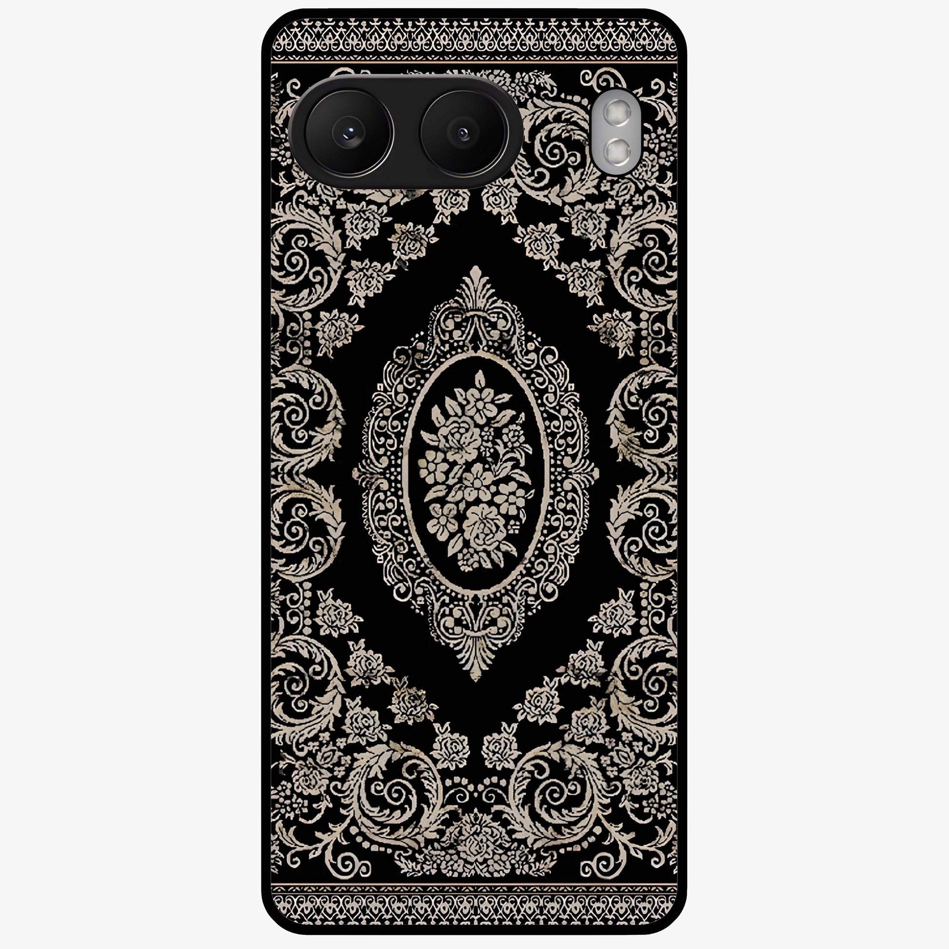 Noir Bloom Elegance Glass Case for 1+Nord 4 elegant front view featuring dark floral artwork in noir tones