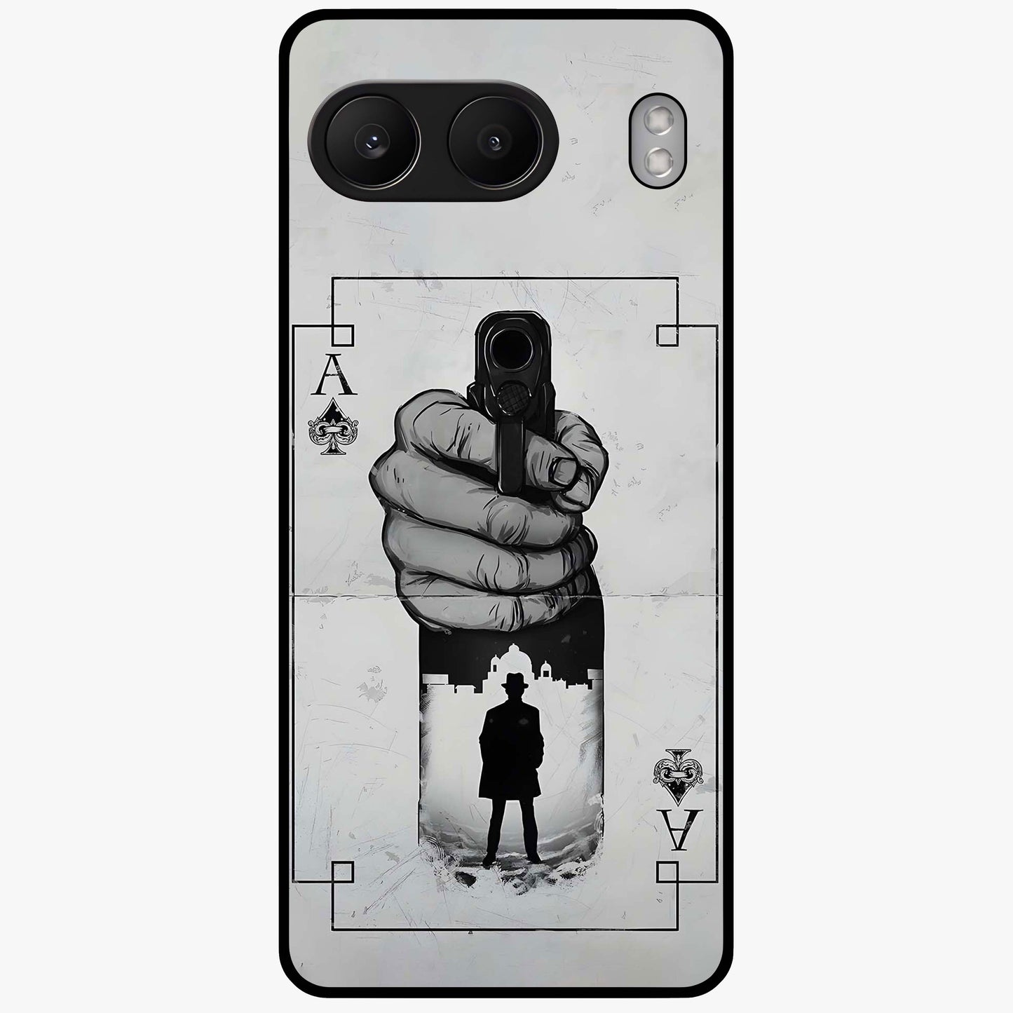 Noir Trigger Fate Glass Case for 1+Nord 4 dramatic front view featuring bold noir themed artistic artwork