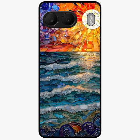 Ocean Mosaic Art Glass Case for 1+Nord 4 artistic front view featuring mosaic inspired ocean artwork