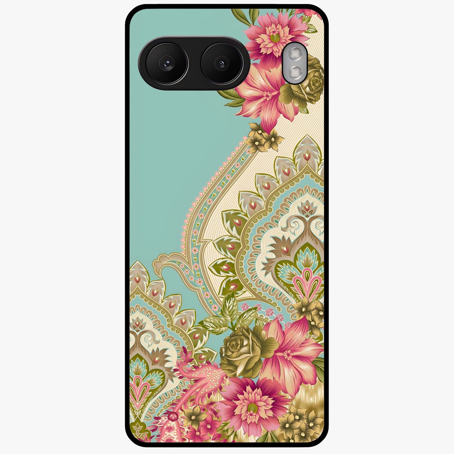 Ornate Mughal Floral Pattern Glass Case for 1+Nord 4 royal front view featuring intricate Mughal inspired floral artwork
