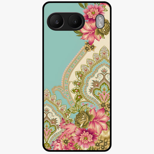 Ornate Mughal Floral Pattern Glass Case for 1+Nord 4 royal front view featuring intricate Mughal inspired floral artwork