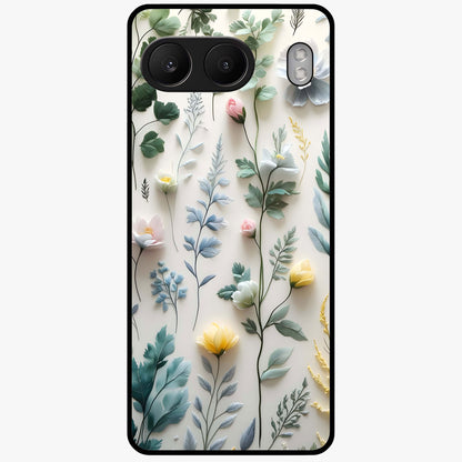 Pastel Garden Whispers Glass Case for 1+Nord 4 soft front view featuring delicate pastel floral artwork