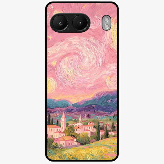 Pastel Starry Village Glass Case for 1+Nord 4 dreamy front view featuring village artwork under pastel night sky