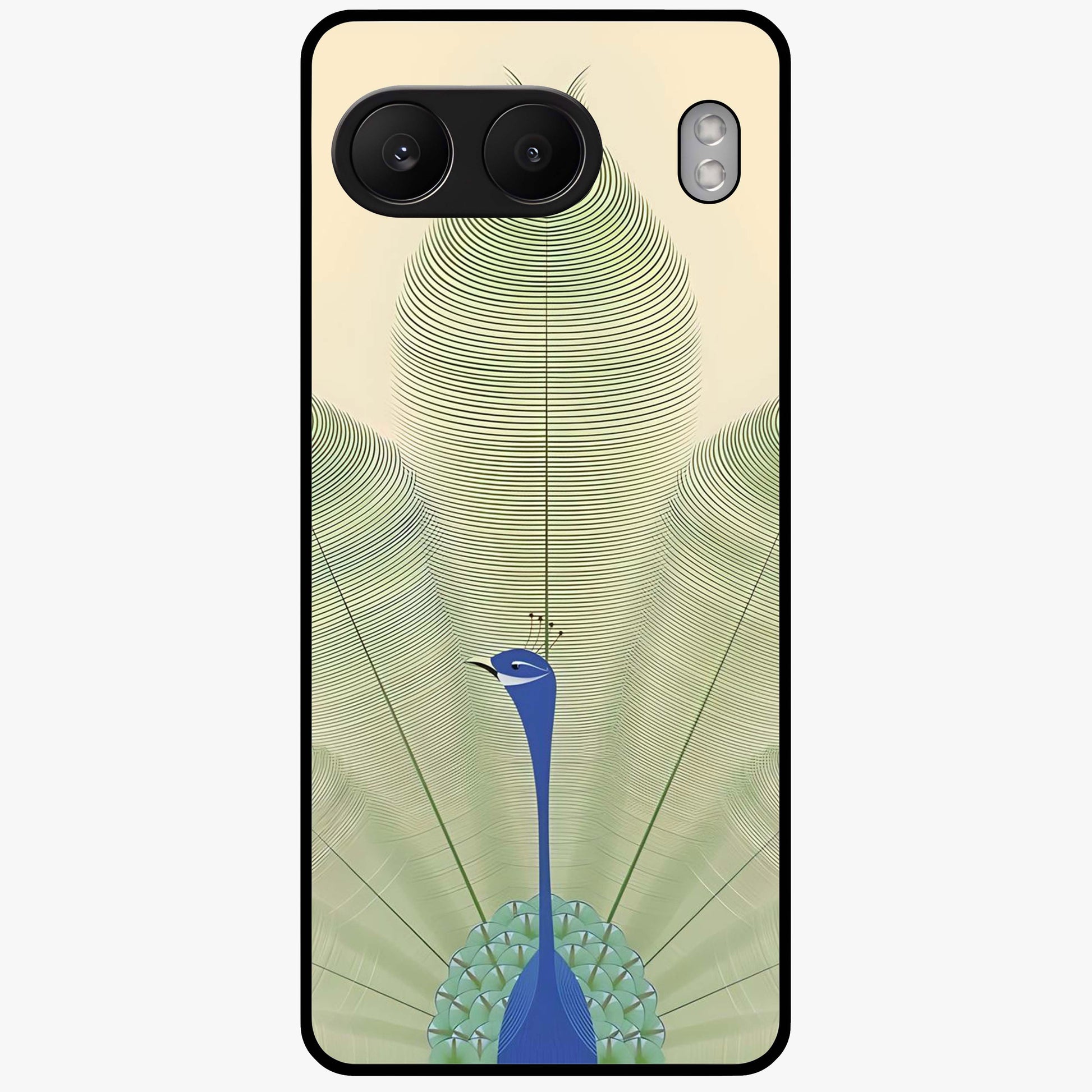Peacock Feather Grace Glass Case for 1+Nord 4 elegant front view featuring detailed peacock feather artwork