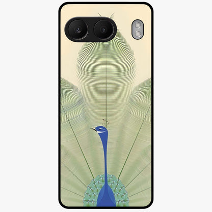 Peacock Feather Grace Glass Case for 1+Nord 4 elegant front view featuring detailed peacock feather artwork