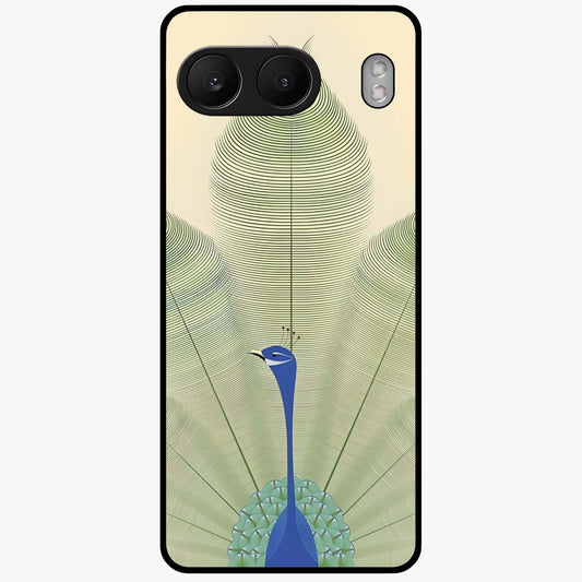 Peacock Feather Grace Glass Case for 1+Nord 4 elegant front view featuring detailed peacock feather artwork