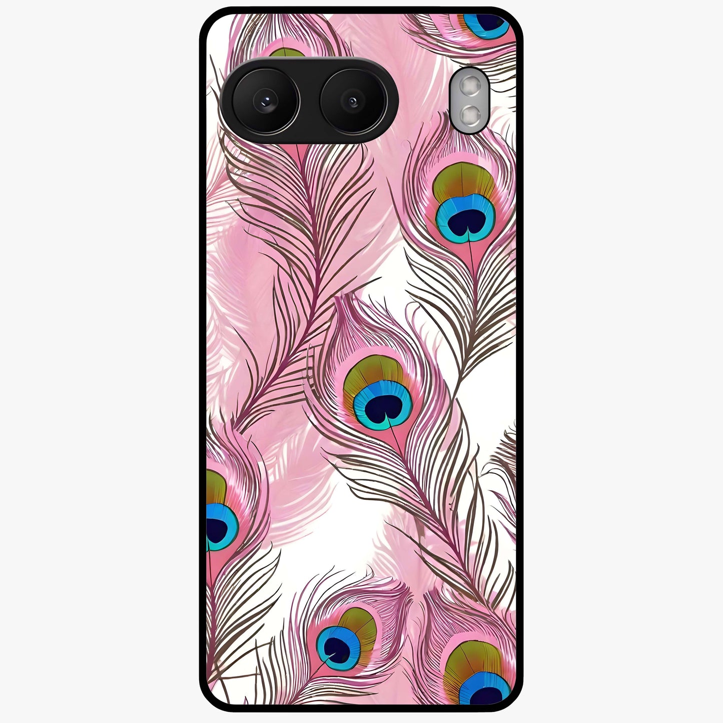 Peacock Feathers Floating Glass Case for 1+Nord 4 artistic front view featuring floating feather artwork with rich colors