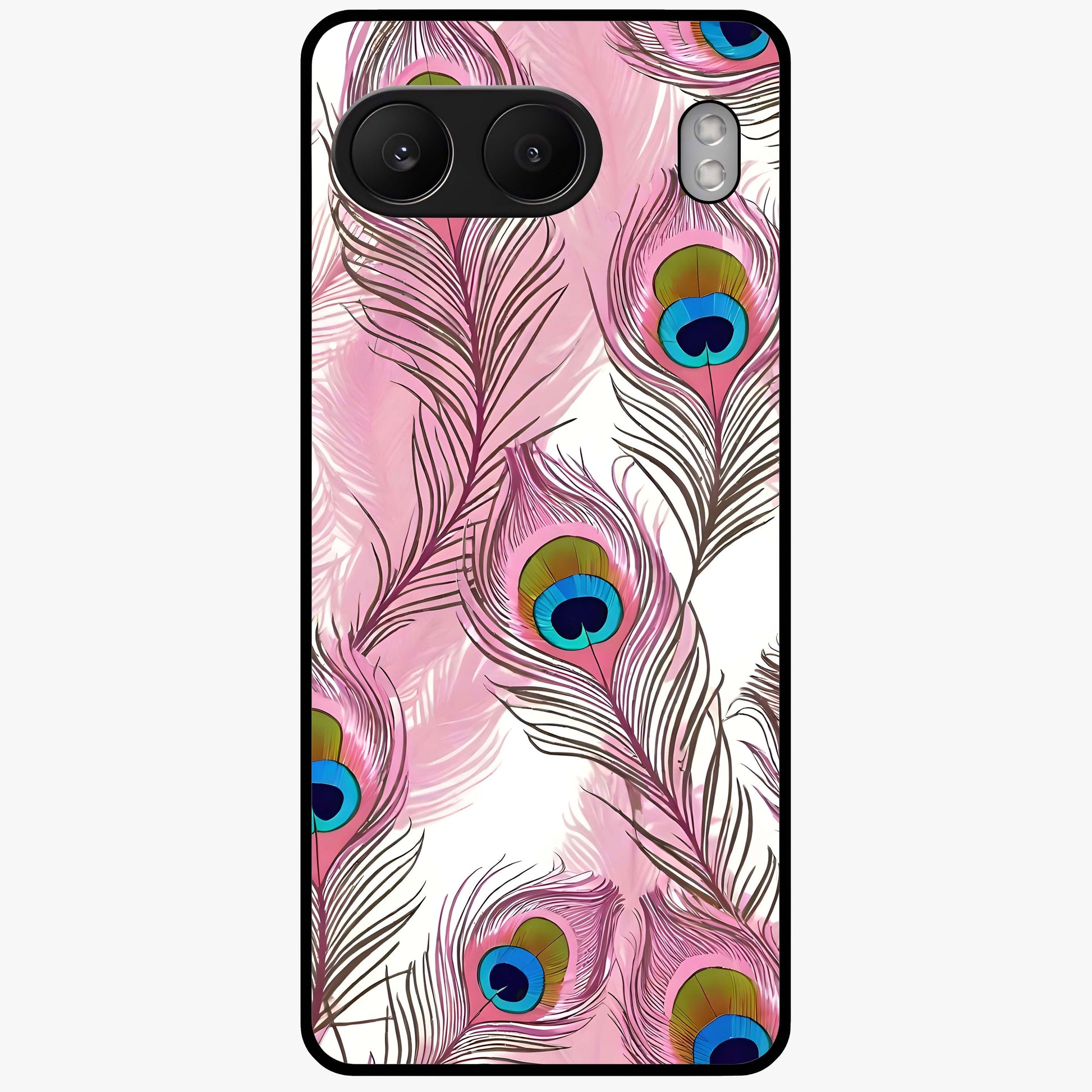 Peacock Feathers Floating Glass Case for 1+Nord 4 artistic front view featuring floating feather artwork with rich colors