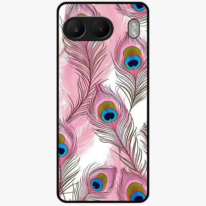 Peacock Feathers Floating Glass Case for 1+Nord 4 artistic front view featuring floating feather artwork with rich colors