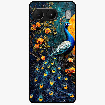 Peacock With Yellow Moon Glass Case for 1+Nord 4 striking front view featuring peacock artwork under glowing yellow moon