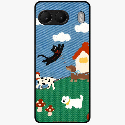 Pet Adventures Glass Case for 1+Nord 4 playful front view featuring cute pet themed artwork