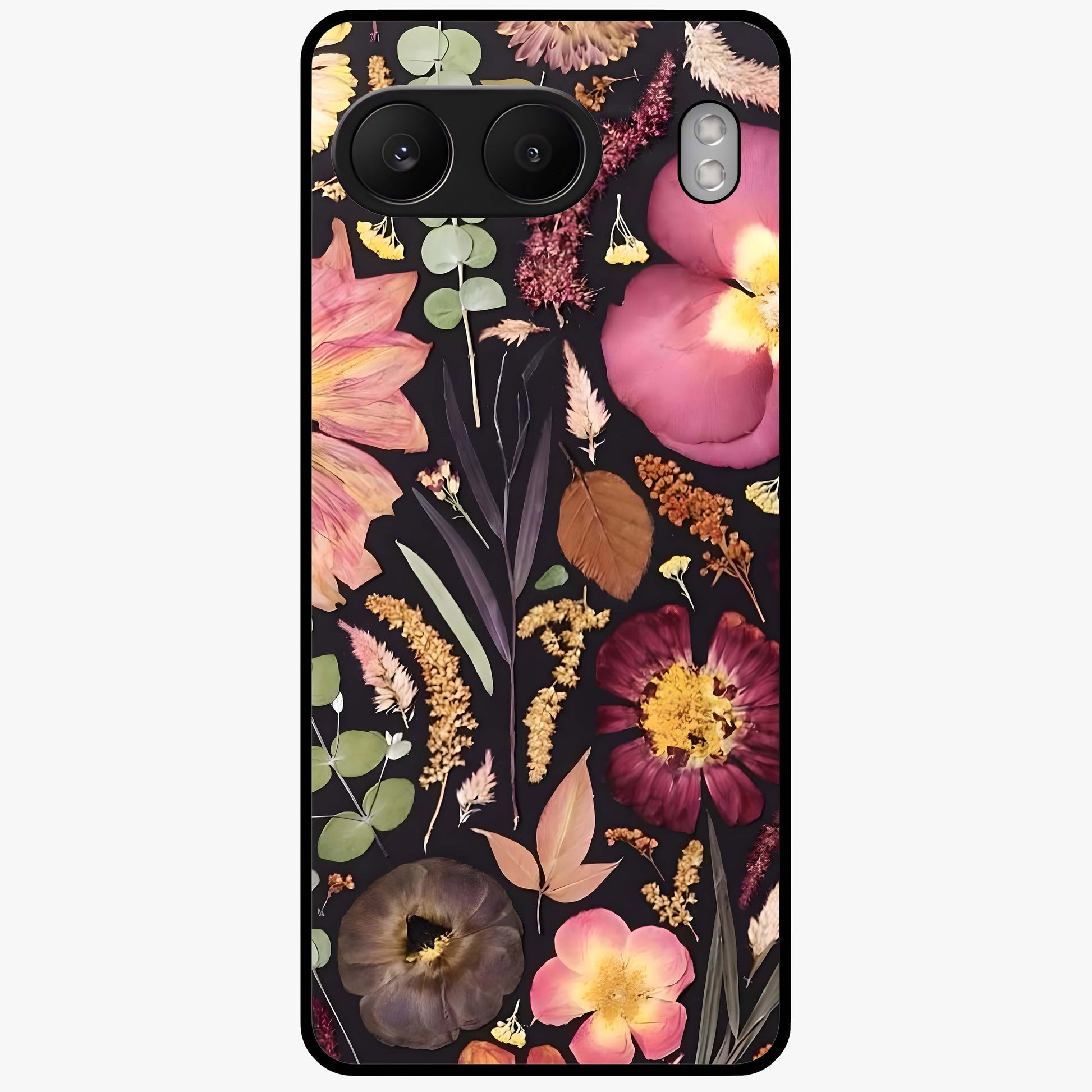 Petal Dream Tapestry Glass Case for 1+Nord 4 elegant front view featuring intricate floral tapestry artwork