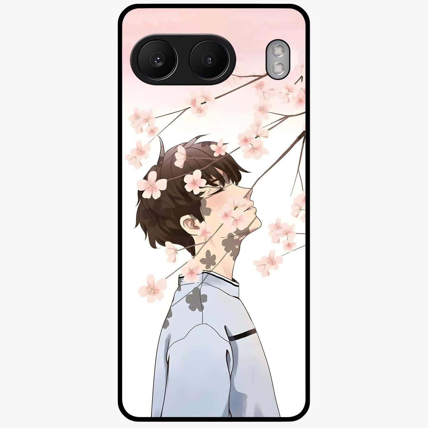 Pink Blossom Boy Glass Case for 1+Nord 4 aesthetic front view featuring illustrated character with pink floral accents