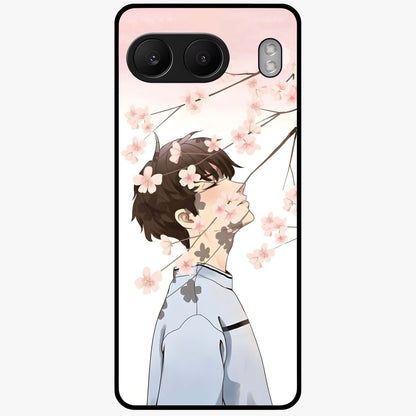 Pink Blossom Boy Glass Case for 1+Nord 4 aesthetic front view featuring illustrated character with pink floral accents