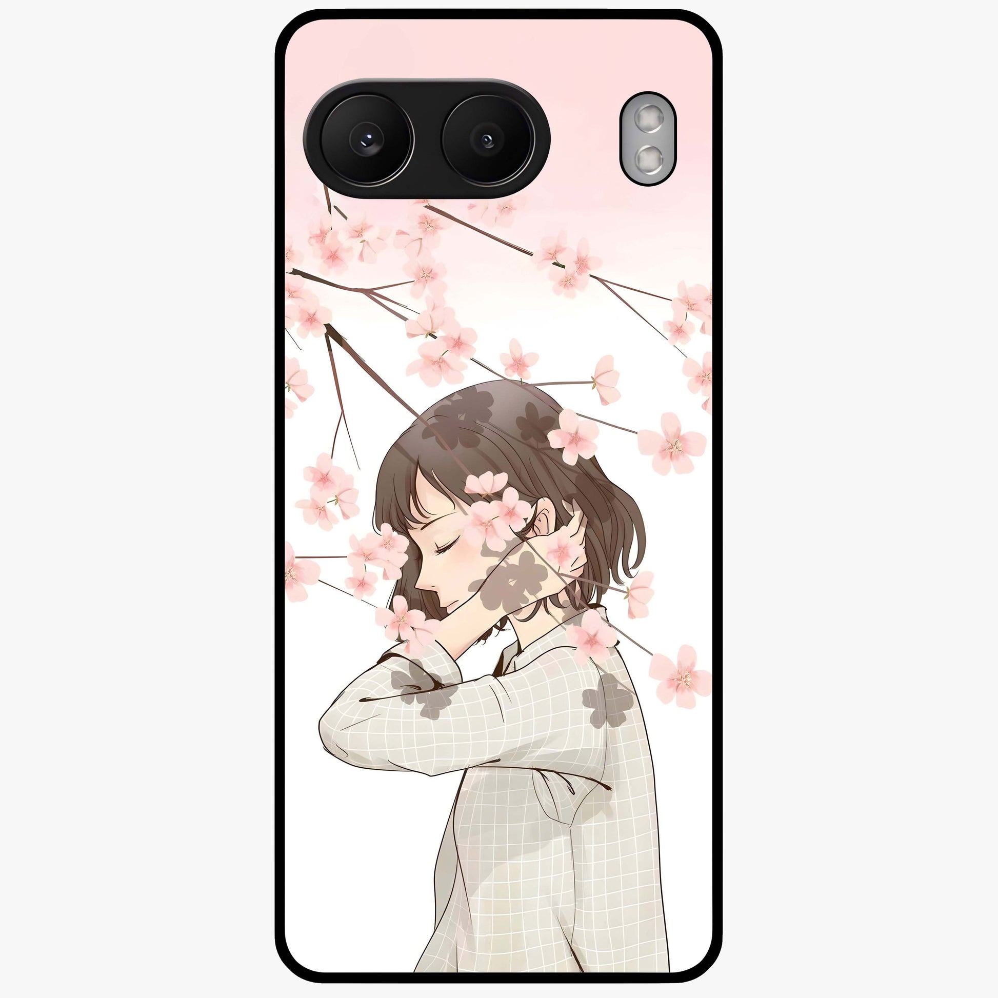 Pink Blossom Girl Glass Case for 1+Nord 4 charming front view featuring illustrated girl with pink blossom artwork