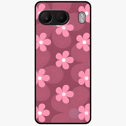 Pink Daisy Flower Pattern Glass Case for 1+Nord 4 cheerful front view featuring daisy floral artwork in pink tones