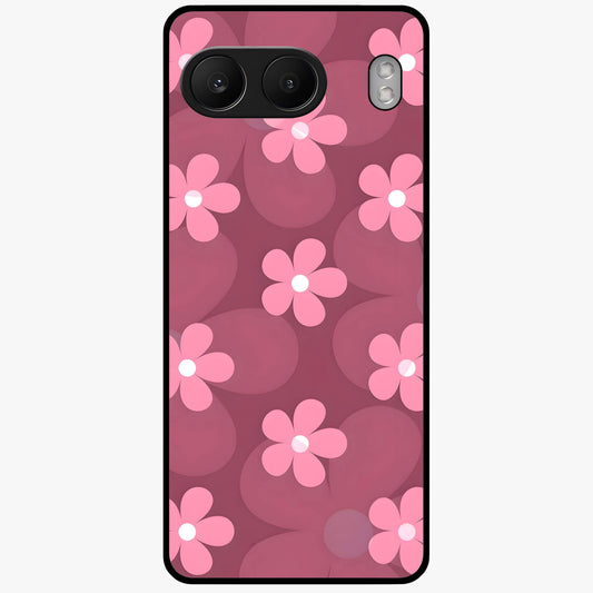Pink Daisy Flower Pattern Glass Case for 1+Nord 4 cheerful front view featuring daisy floral artwork in pink tones