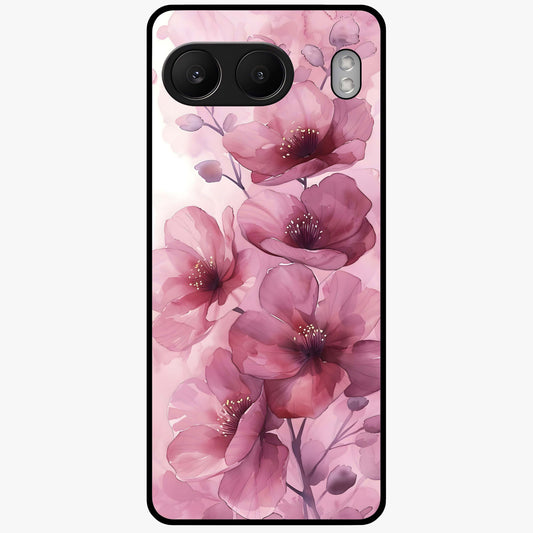Pink Floral Glass Case for 1+Nord 4 elegant front view featuring soft pink flower artwork