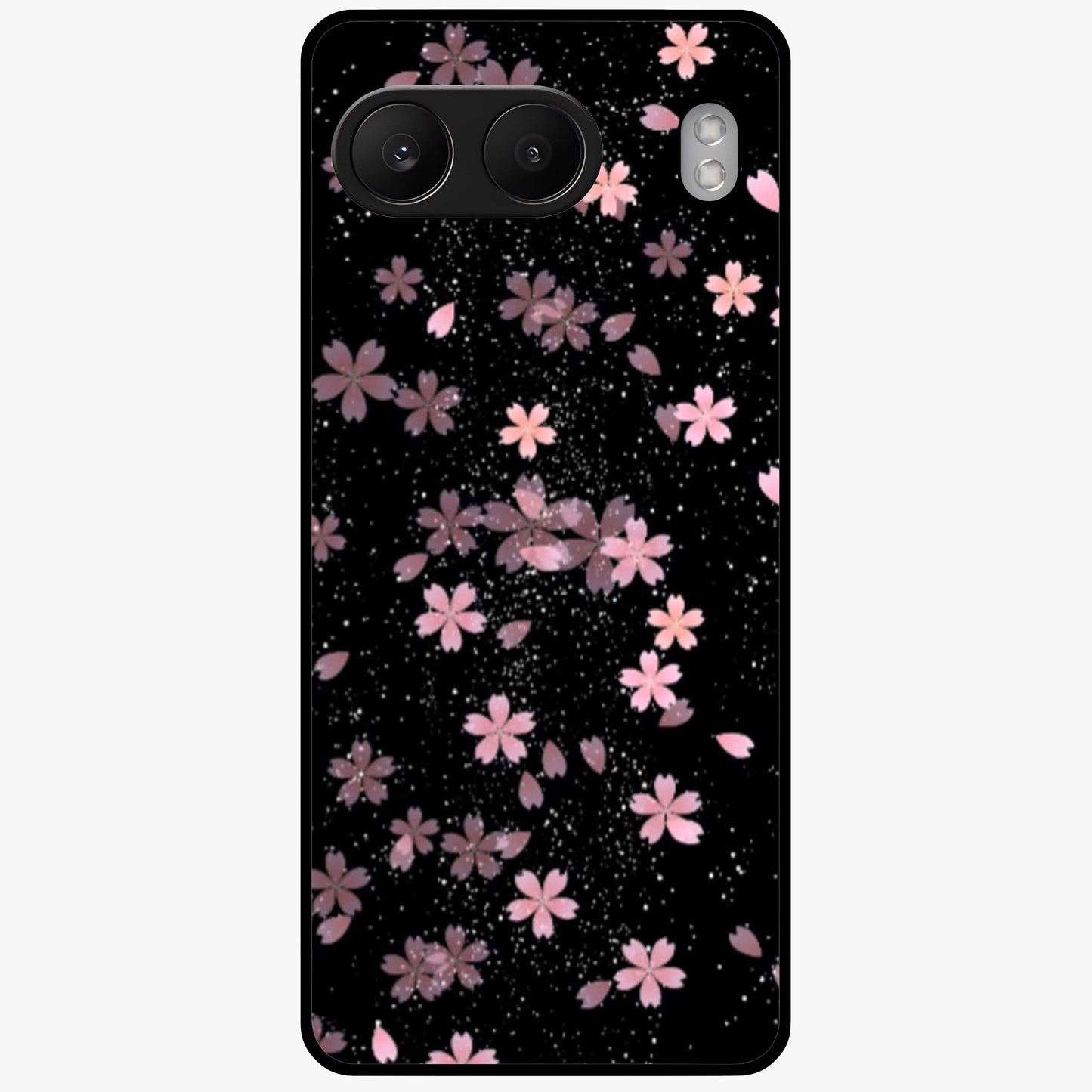 Pink Flower Black Background Glass Case for 1+Nord 4 striking front view featuring vibrant pink flower on dark backdrop