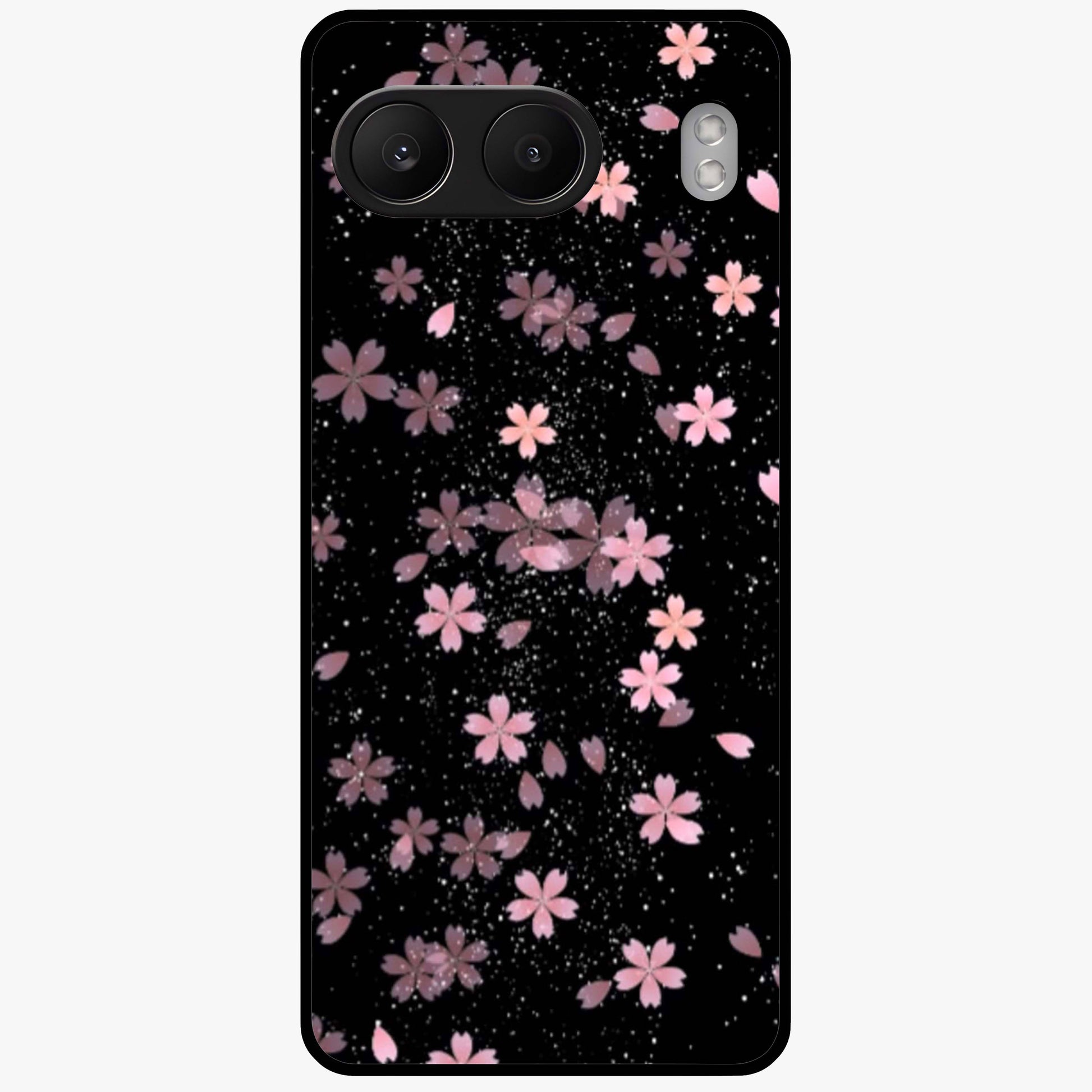 Pink Flower Black Background Glass Case for 1+Nord 4 striking front view featuring vibrant pink flower on dark backdrop