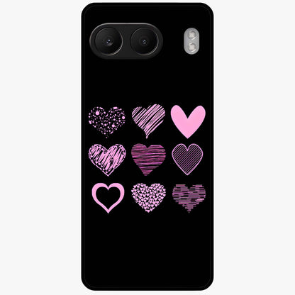 Pink Heart Aesthetic Glass Case for 1+Nord 4 cute front view featuring minimal heart artwork in soft pink tones